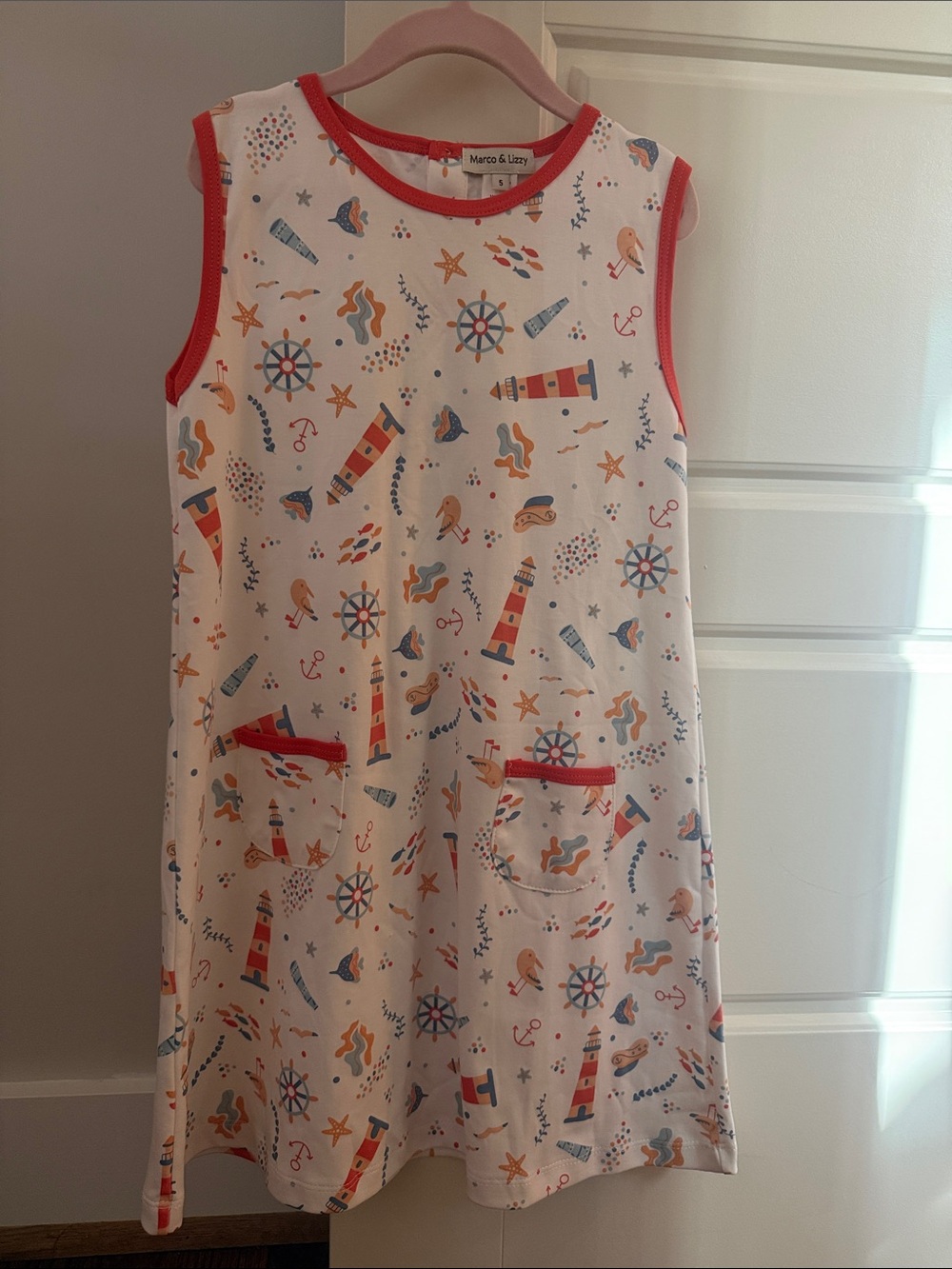 Girls' White Nautical Print Sleeveless Dress with Coral Trim
